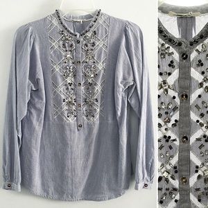 Anthro Floreat 100% cotton sequined boho lace pinstripe blouse, blue white